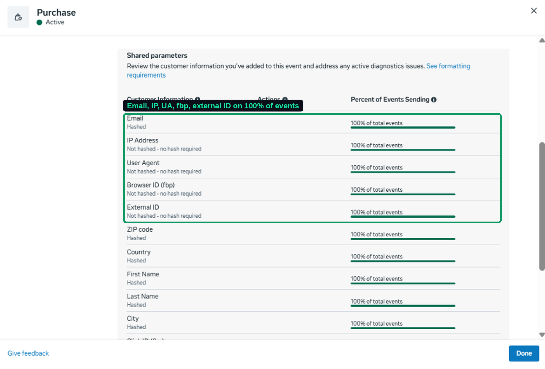 Meta Events Manager shared parameters behind an 8.3 Event Match Quality score